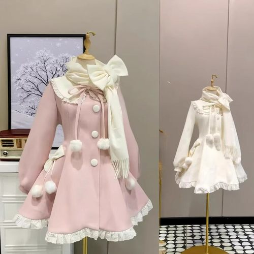 日单蕾系量产型日系秋冬蕾服甜美lizlisa风格围巾清楚系毛呢外套