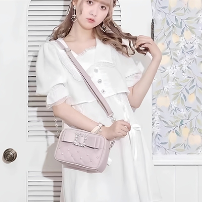 日单蕾系量产型清楚系蝴蝶结珍珠水钻包单肩斜挎包noemie风格改良