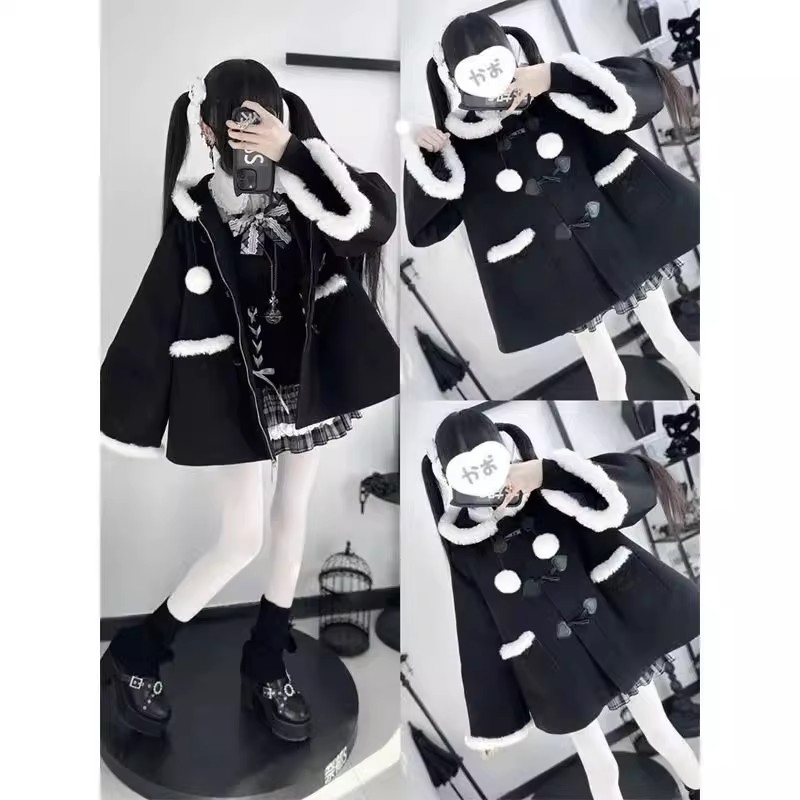 日单蕾系量产型日系秋冬蕾服虚拟黑色斗篷外套亚文化可爱天国风格