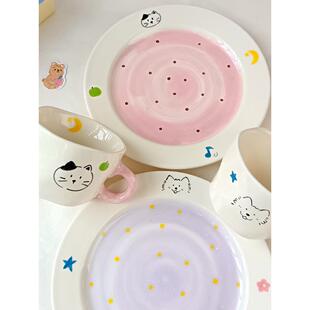 可爱的小众设计陶瓷杯手绘釉下夫妇咖啡杯早餐盘可爱的儿童水杯