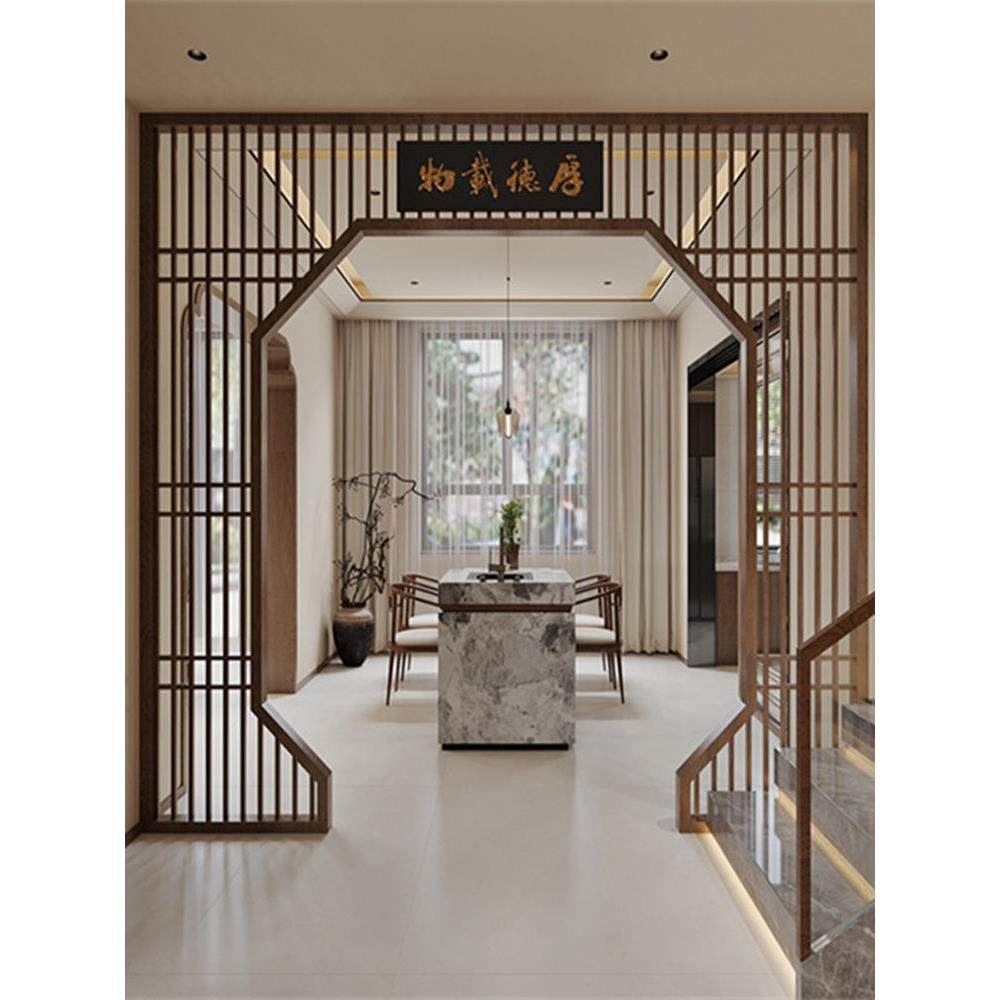 中式月亮门仿古实木花格圆拱门月洞门玄关客厅隔断镂空木雕博古架