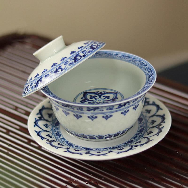 景德镇可悬停三才盖碗青花宝相泡茶碗陶瓷家用青花瓷茶碗盖子悬浮