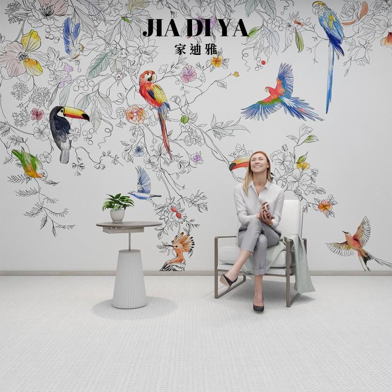 北欧简约现代线描叶子花鸟装饰壁画客厅沙发卧室床头电视背景墙纸图片