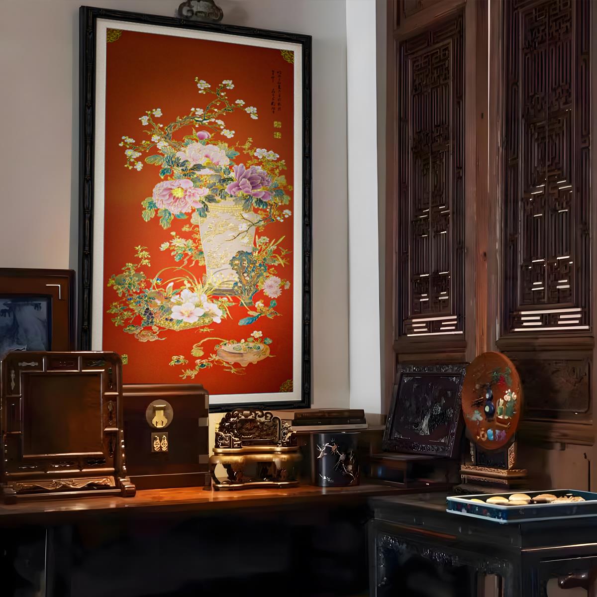 新中式复古客厅装饰画牡丹花鸟寓意富贵吉祥入户玄关挂画高级感图片