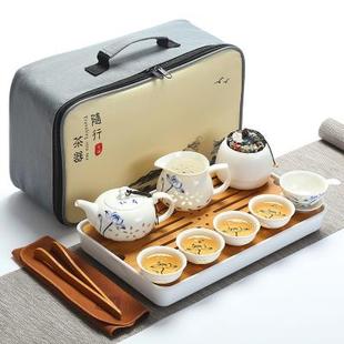 户外旅游包家用简约功夫茶壶茶杯车载竹茶盘 便携陶瓷旅行茶具套装