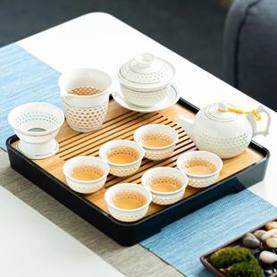 简约家用现代功夫小茶壶办公泡茶杯 玲珑陶瓷蜂窝镂空盖碗茶具套装