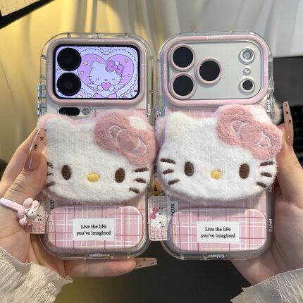 毛绒KT猫支架新款适用苹果17Pro手机壳iPhone16max小米15华为mate80pura70k90note14荣耀400x300magic8nova13