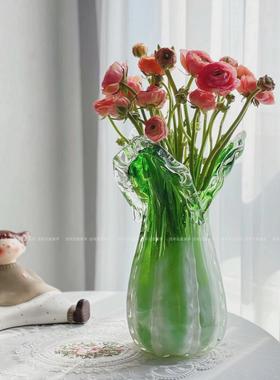 新中式小清新绿色白菜纯手工玻璃花瓶摆件家居装饰绿植桌面插花器