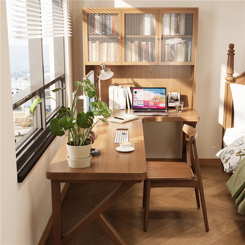 全实木转角书桌书柜一体双人学习桌L型电脑桌办公拐角写字工作台