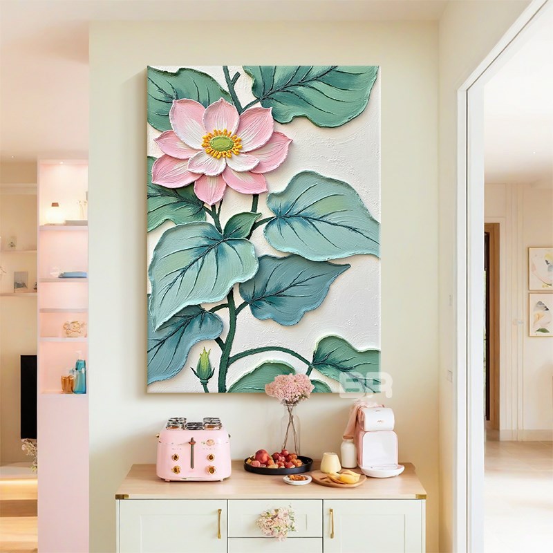 抽象荷花肌理手绘油画奶油风花卉绿植客厅装饰画走廊过道玄关挂画图片