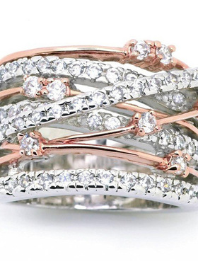 Youngwgish热卖新款闪钻微镶锆石戒指 欧美创意女款交叉分色指环