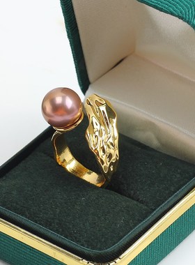 国产14bk注金电镀保色 异形叶子戒指锆石珍珠空托可调节DIY配饰女