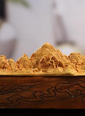黄杨木雕刻千里江山摆件笔搁笔架山水画文房送礼品手把件家居饰品