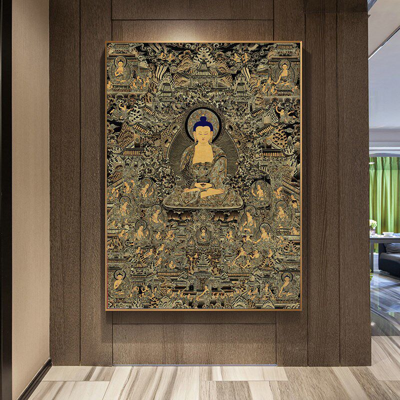 新中式客厅佛像唐卡挂画禅意平安轻奢装饰画释迦摩尼画像玄关挂画