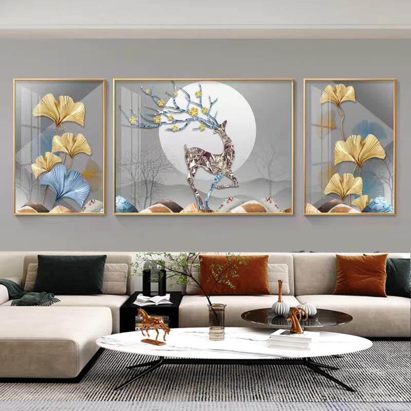 客厅装饰画晶瓷轻奢高级感钻石大气3D壁画三联沙发背景墙麋鹿挂画