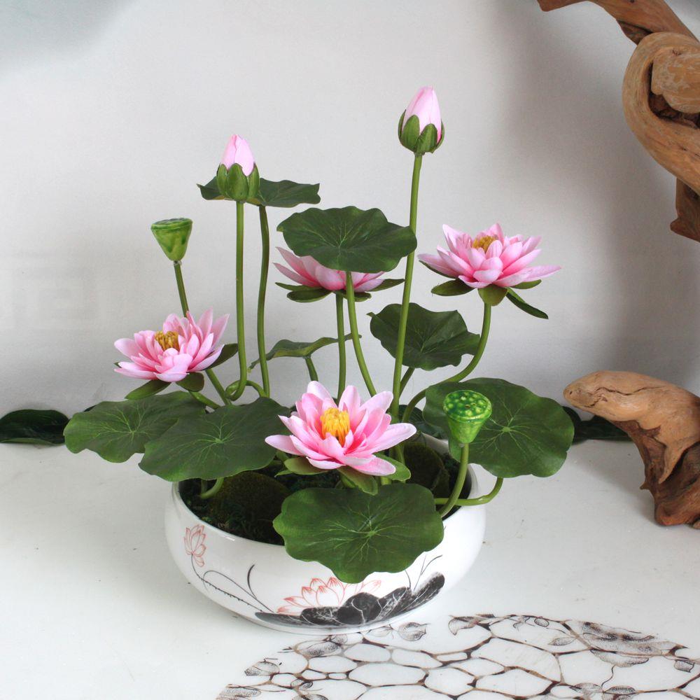 新中式彷真荷花盆景摆件电视柜装饰花假花酒店餐桌摆放花供佛莲花