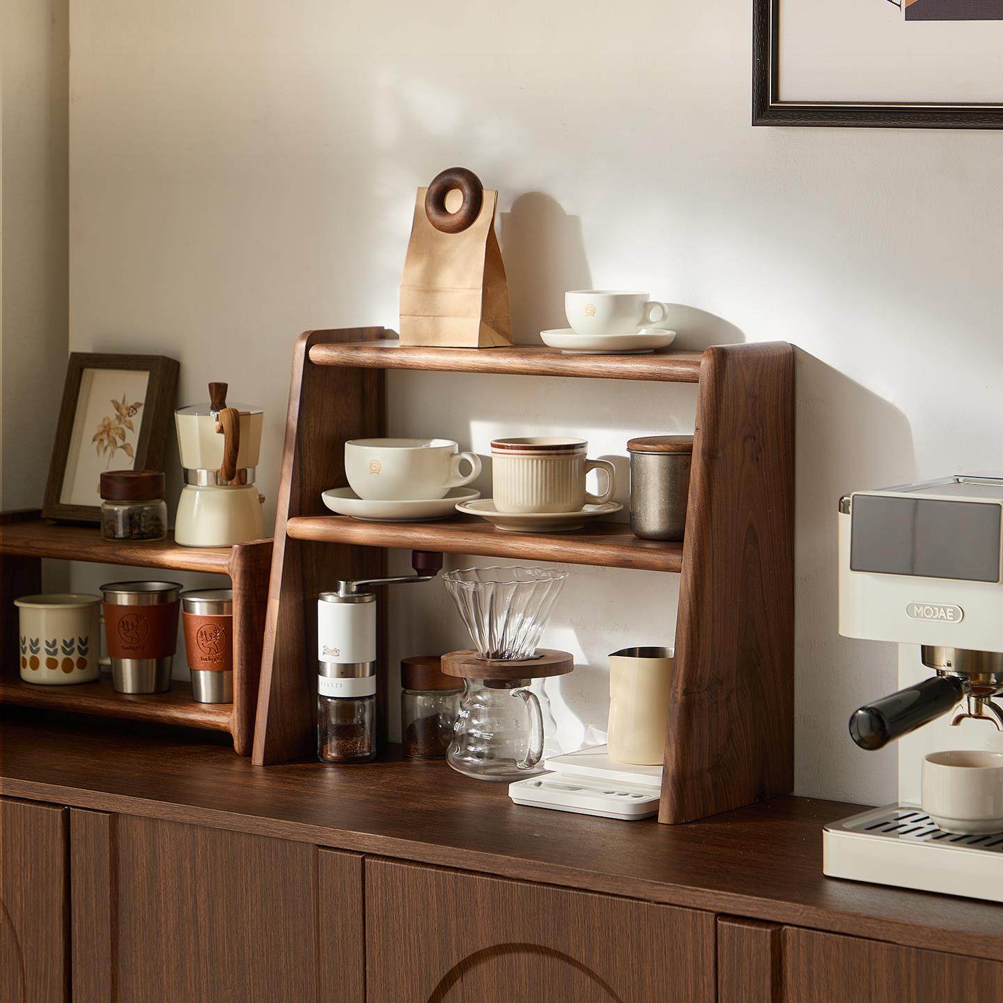 黑胡桃木桌面置物架茶具咖啡杯子实木收纳架小型藤编博古架木质