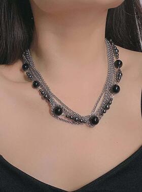 层缠绕金多炼条黑曜石珠项炼女暗黑夸属张个N-5501性串独特锁骨炼