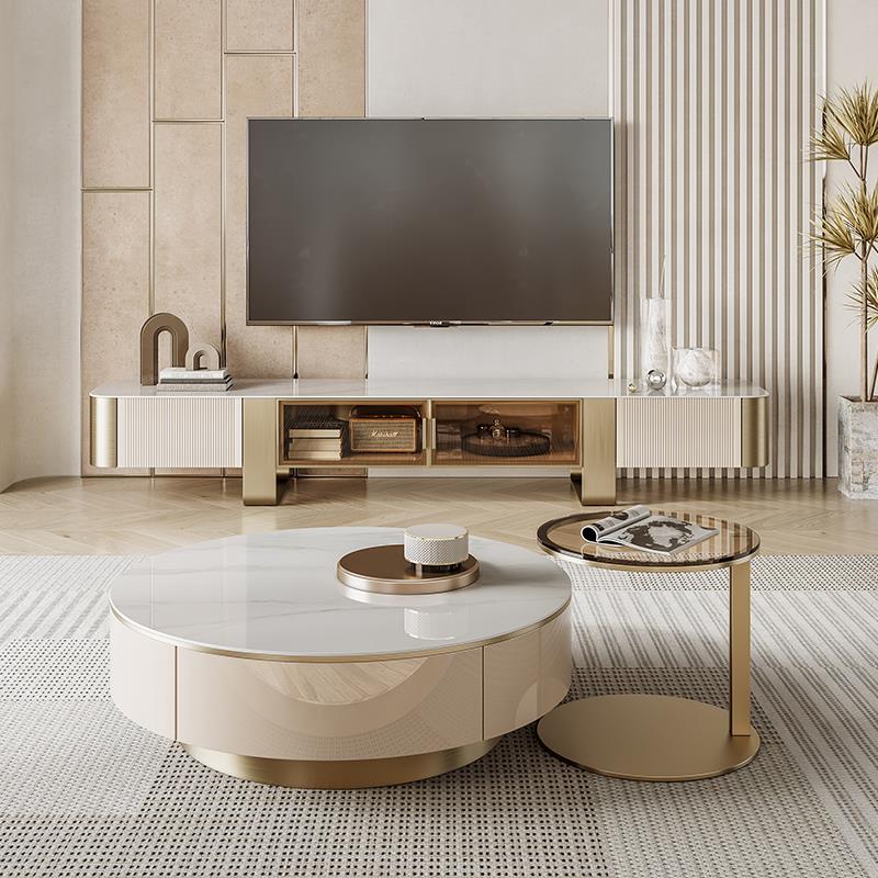 意轻奢岩板型茶几客厅式用小户大小圆形茶几电视柜组家QQ2合玻璃
