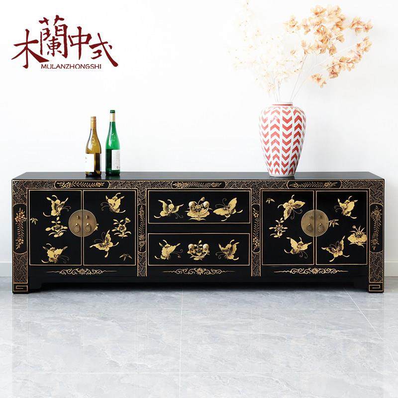 中式描金蝴蝶电视柜古典实木矮柜仿古做旧客厅地柜装饰柜中古风