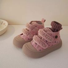儿童毛毛板鞋加绒秋冬印花女童中帮帆布鞋薄绒男童二棉保暖棉鞋潮