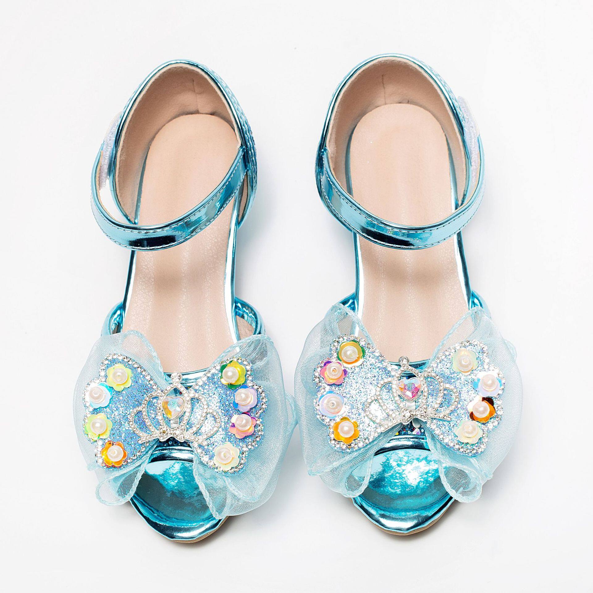 新款女童可爱蝴蝶结公主鞋小女孩演出礼服高跟鞋儿童鱼嘴中空凉鞋