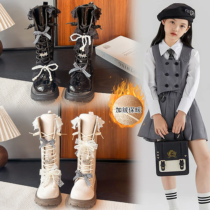 女童蕾丝花边长筒靴2025年秋冬