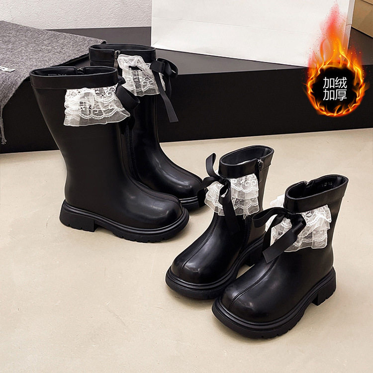 女童鞋2025新款蕾丝儿童短靴马丁女童花边靴子公主黑色皮靴
