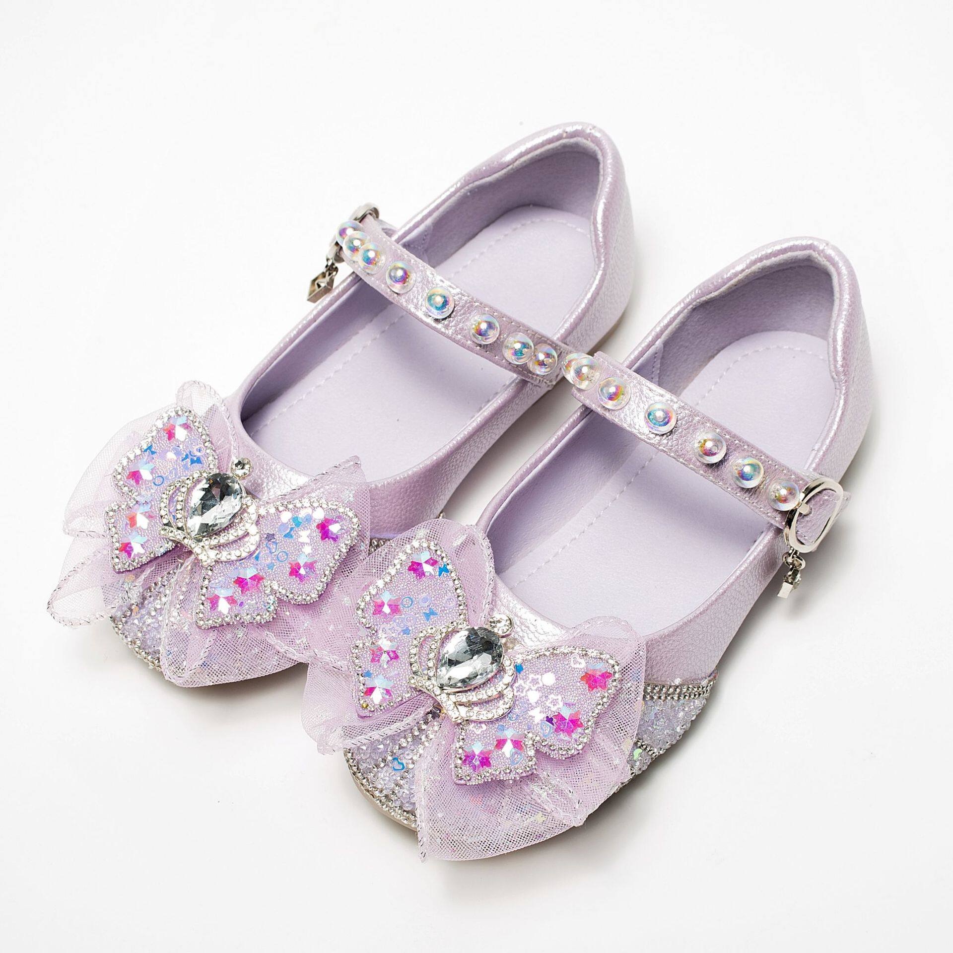 2026新款儿童水钻蝴蝶结公主鞋小女孩舞蹈演出紫色礼服鞋儿童单鞋