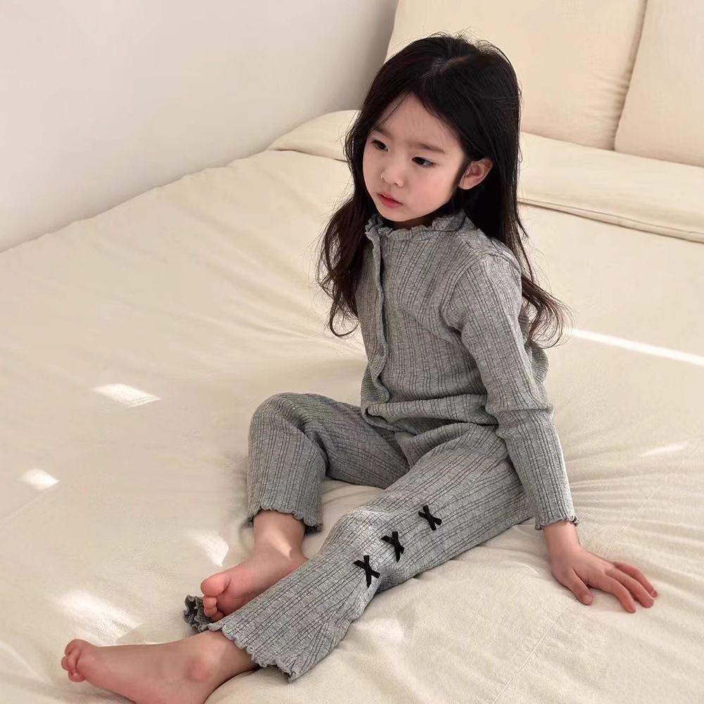 女童早秋木耳花边蝴蝶结坑条套装