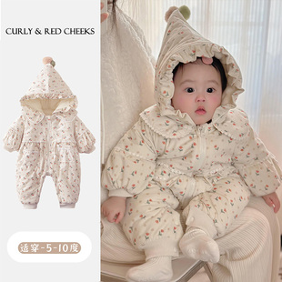 婴儿冬季夹棉衣服保暖宝宝连体衣秋冬款洋气女童冬装满月百天棉服