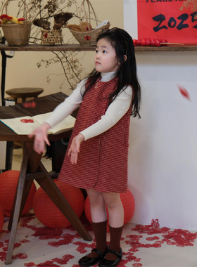 女童新年红色毛呢连衣裙2025冬季新款儿童圣诞马甲格子背心公主裙