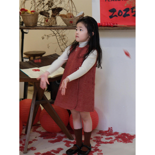 女童新年红色毛呢连衣裙2025冬季新款儿童圣诞马甲格子背心公主裙