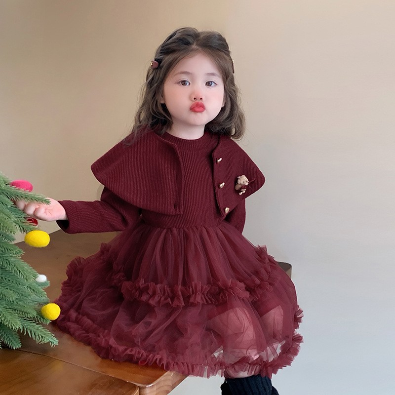 女童连衣裙秋冬新款红色毛衣