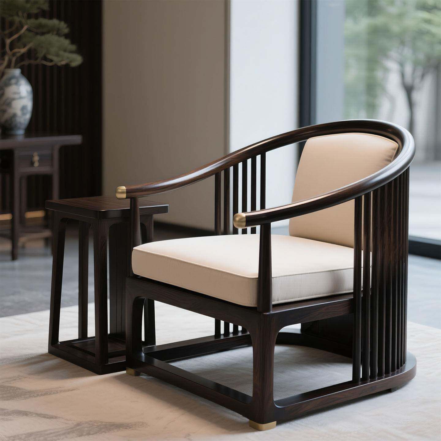 新中式乌金木实木沙发椅家用客厅阳台休闲椅民宿展厅创意接待椅子