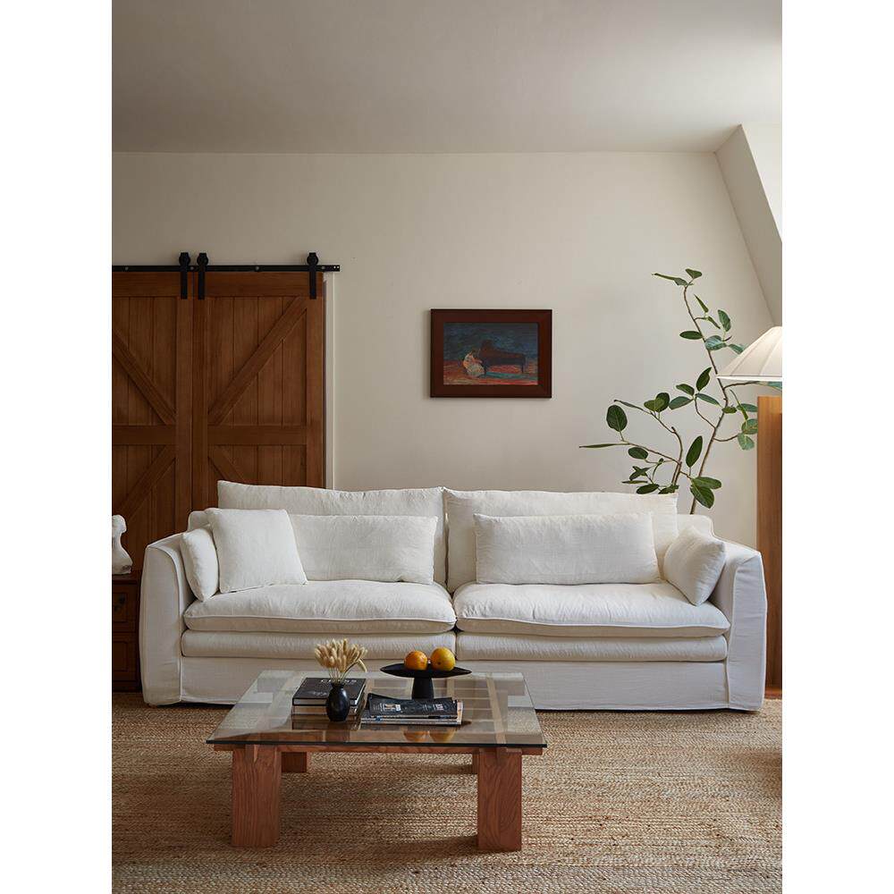 侘寂风怀抱沙发小户型亚麻布艺客厅可拆洗法式奶油风直排棉麻沙发