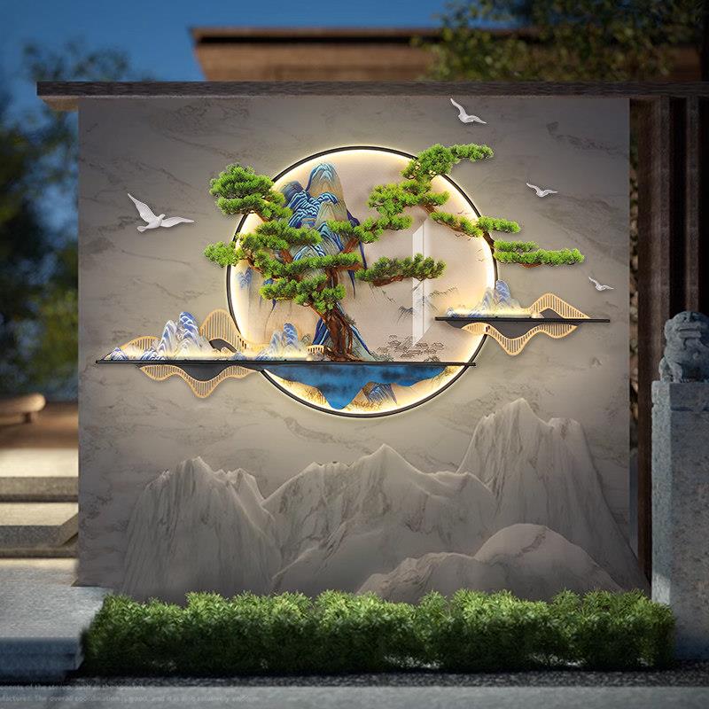 3d立体迎客松玄关挂画带灯光茶室壁灯画客厅沙发背景墙灯光装饰画