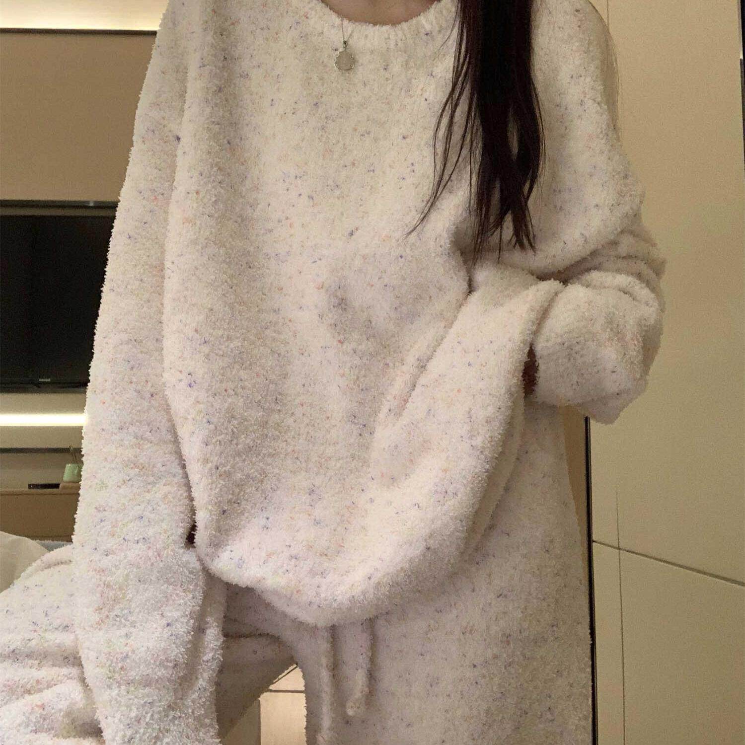 韩版纯色半边绒睡衣女秋冬2025新款海岛绒加厚加绒家居服套装冬季