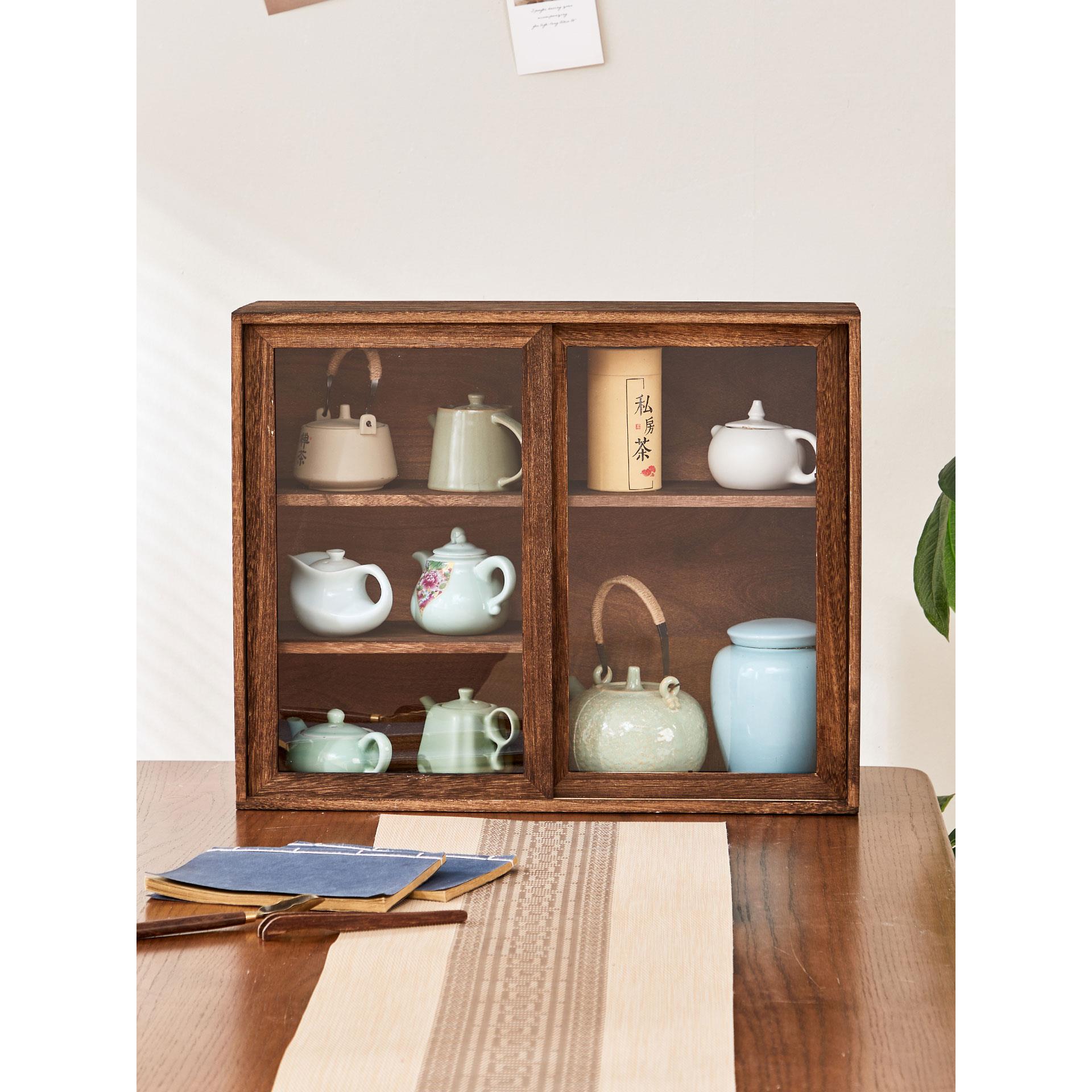 烧桐木中式博古架桌面茶具茶杯收纳柜防尘马克杯茶叶罐展示置物架