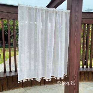 侘寂风条纹棉麻门帘窗帘隔断阳台飘窗厨房卧室半遮挡光咖啡短纱帘