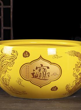景德镇陶瓷鱼缸黄红色聚宝盆金鱼乌龟缸桌面玄关风水摆件招财进宝