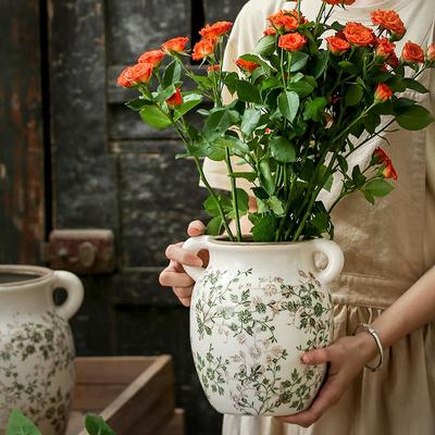 大口径复古陶瓷花瓶摆件客厅插花新中式富贵竹石榴柿子欧式高级感