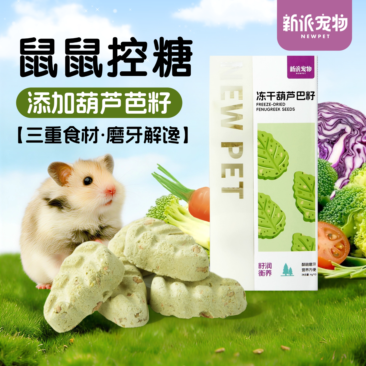 新派宠物仓鼠零食草莓葫芦巴籽冻干时蔬饼金丝熊磨牙健齿低糖食物