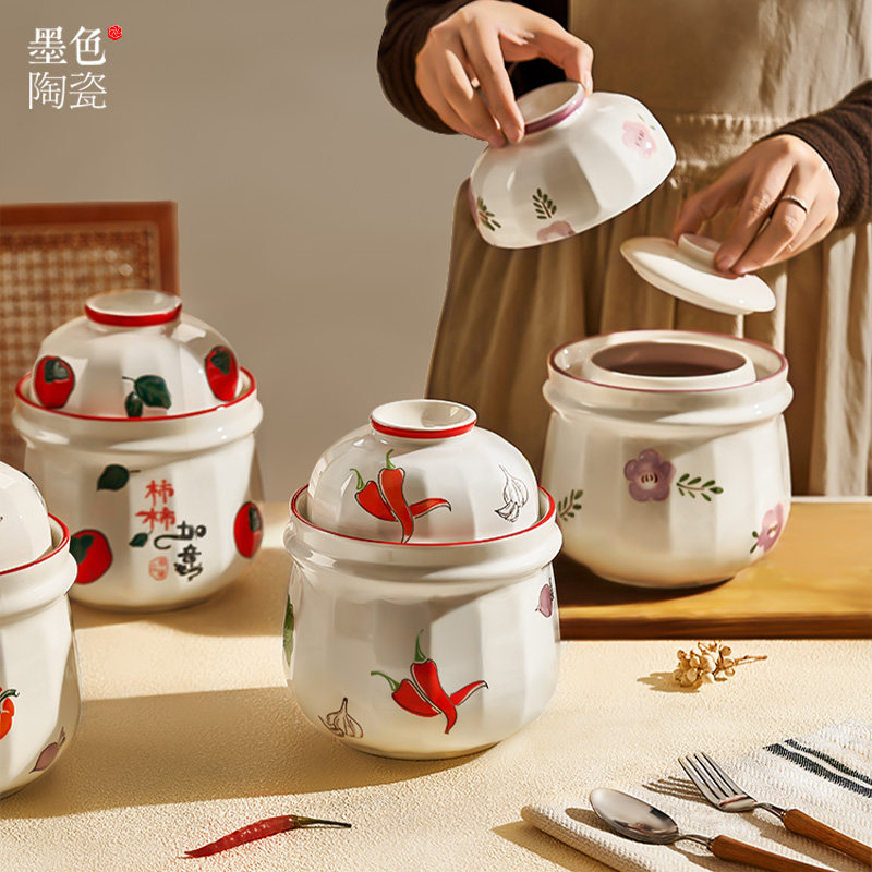 墨色田园泡菜坛子家用酸菜罐带盖陶瓷腌菜密封罐小咸菜保鲜储物罐