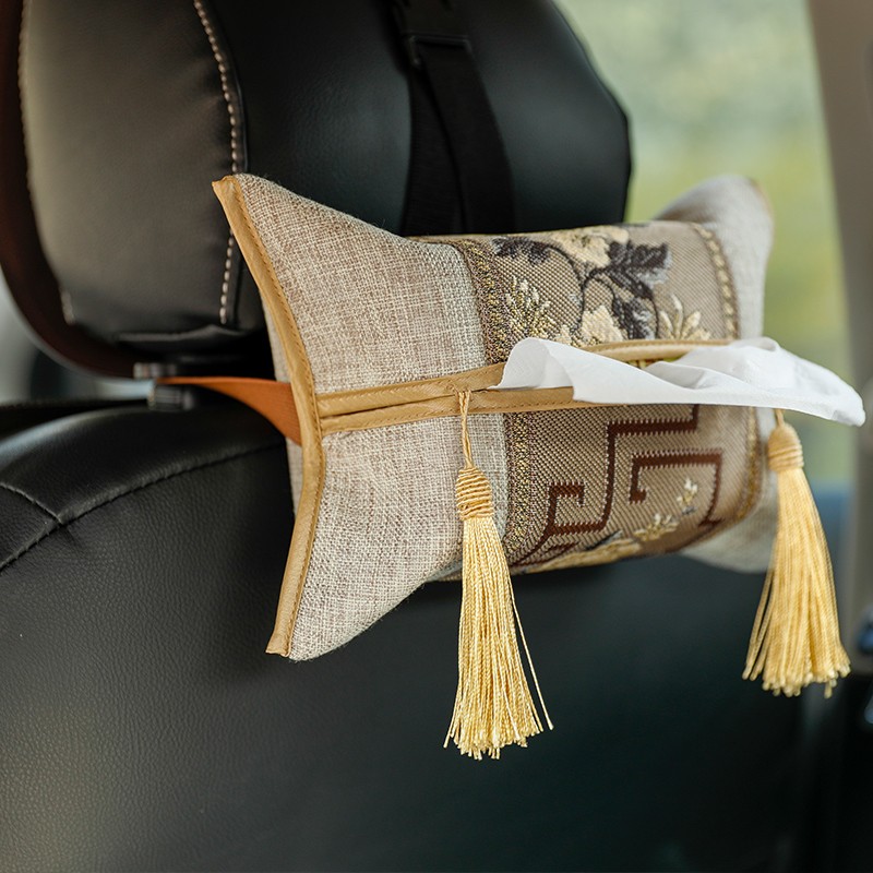 车载扶手箱绑带纸n巾盒复古布艺新中式纸巾袋抽纸盒中国民族风