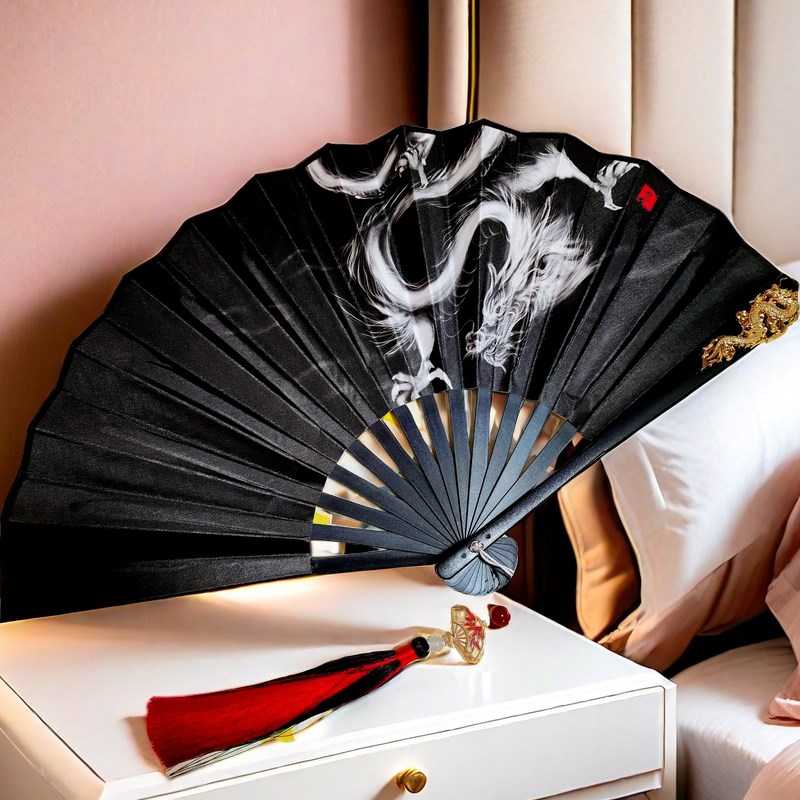 10寸水墨龙鳞流苏m折扇龙纹中国风古风复古扇子夏季随身便携纳凉