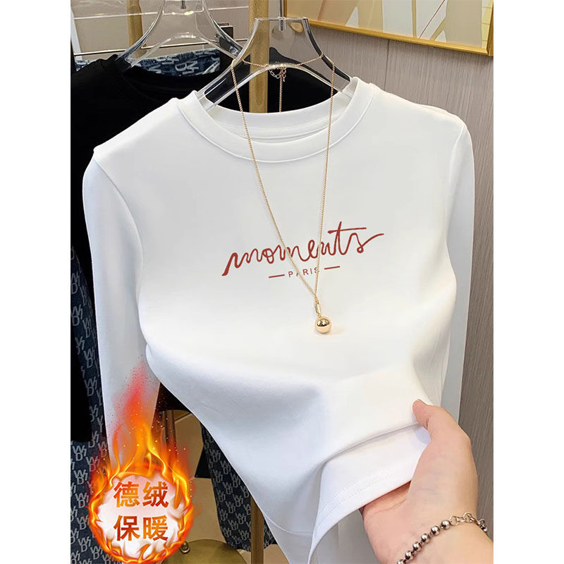 白色德绒圆领打底衫女秋冬内搭显瘦小个子加厚保暖长袖t恤上衣