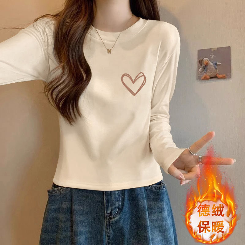 双面德绒保暖打底衫女秋冬新款内搭圆领长袖T恤洋气时尚短款上衣