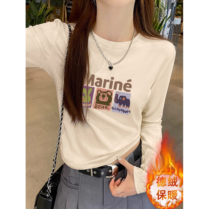 长袖T恤女秋冬德绒加厚显瘦不规则设计感短款小个子打底衫上衣潮