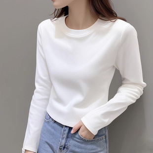 白色圆领正肩长袖t恤女秋季纯色百搭显瘦内搭打底衫辣妹短款上衣